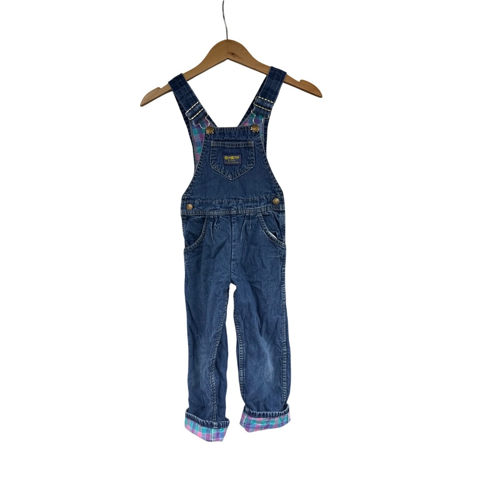 Vintage OshKosh B'gosh Vestbak Blue Purple Plaid Lined Denim Overalls Size 5